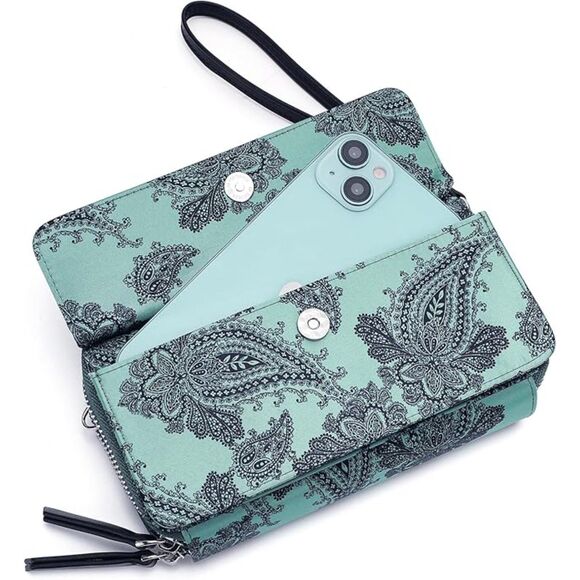 Women Paisley Qurquoise Imported Faux Leather Crossbody With Phone Pocket Bag - Picture 3 of 4